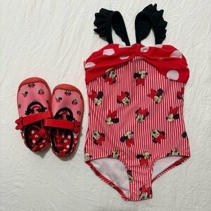 Disney Minnie Red & Black Kid 1 Piece Bathing Suit Swimsuit 3T Water Shoes 7/8